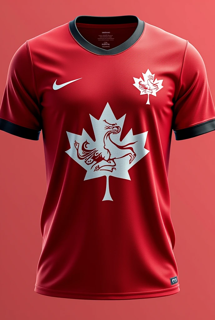 Red Canada team jersey with a white dragon with the Canada symbol and the Nike symbol