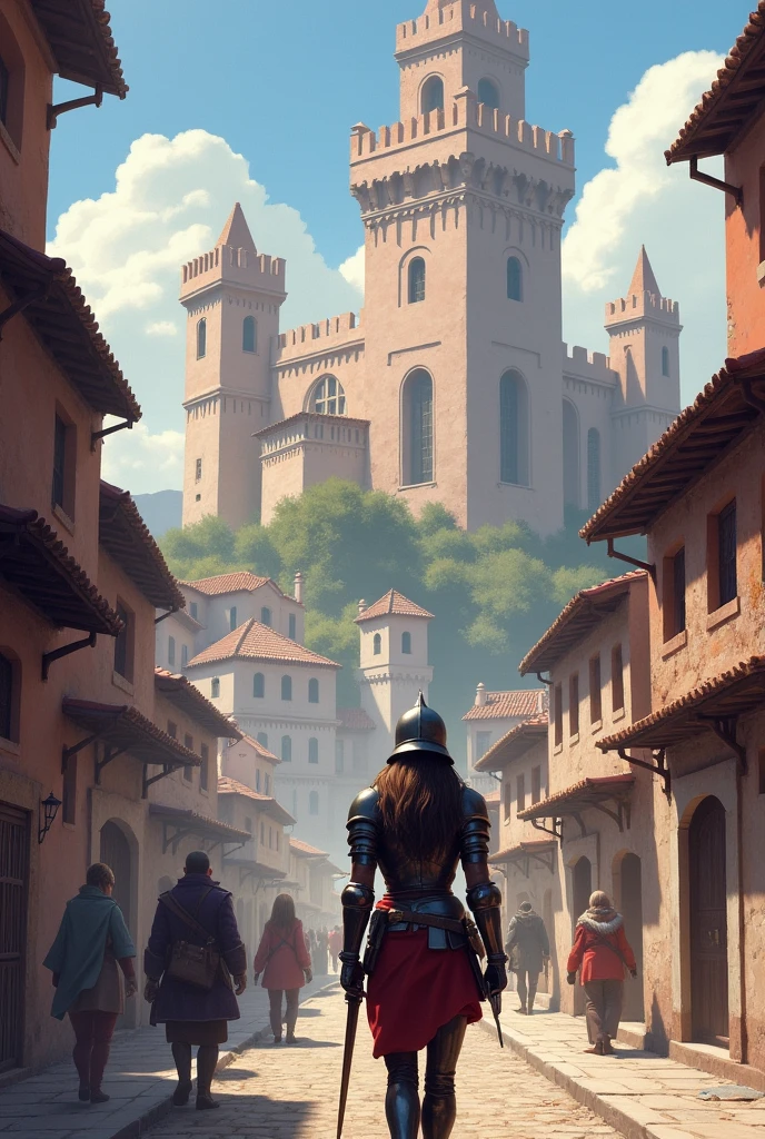 Create a female soldier heading towards a huge fortress with three large interconnected towers and walls in a soft pink shade, almost white in the center of a medieval city