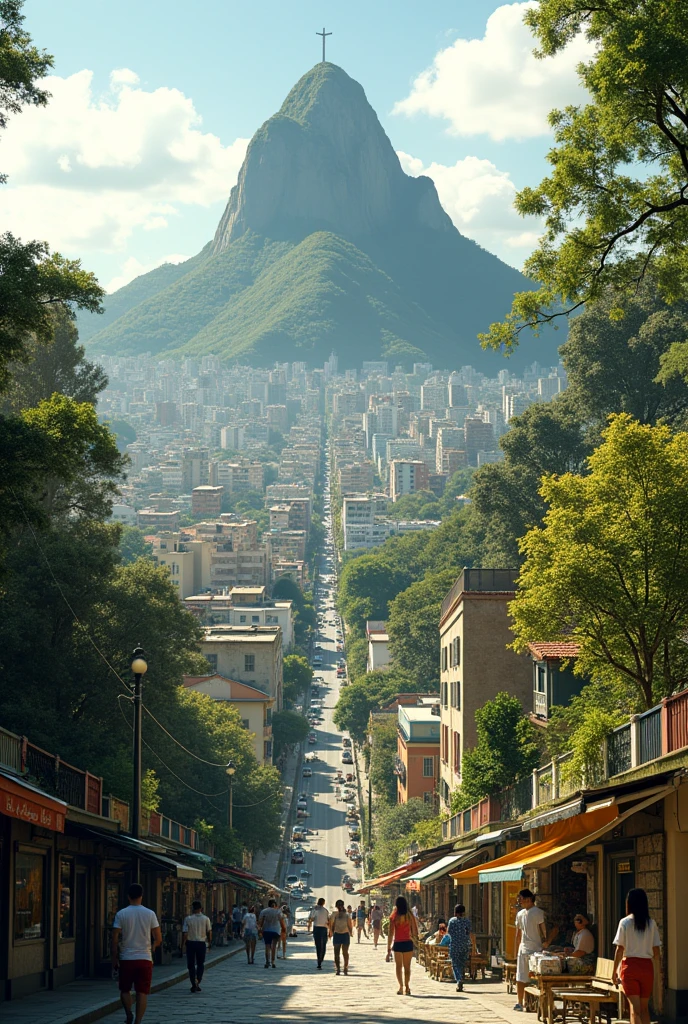 Draw a scenario where Rio de Janeiro, Brazil, eliminated the favelas., through better land use in the city and the gentle densification of the population, we maintain the existing buildings, just building new housing for people leaving the favelas, and where there were slums, it turned into a forest, show the city above. Show another angle of the city.