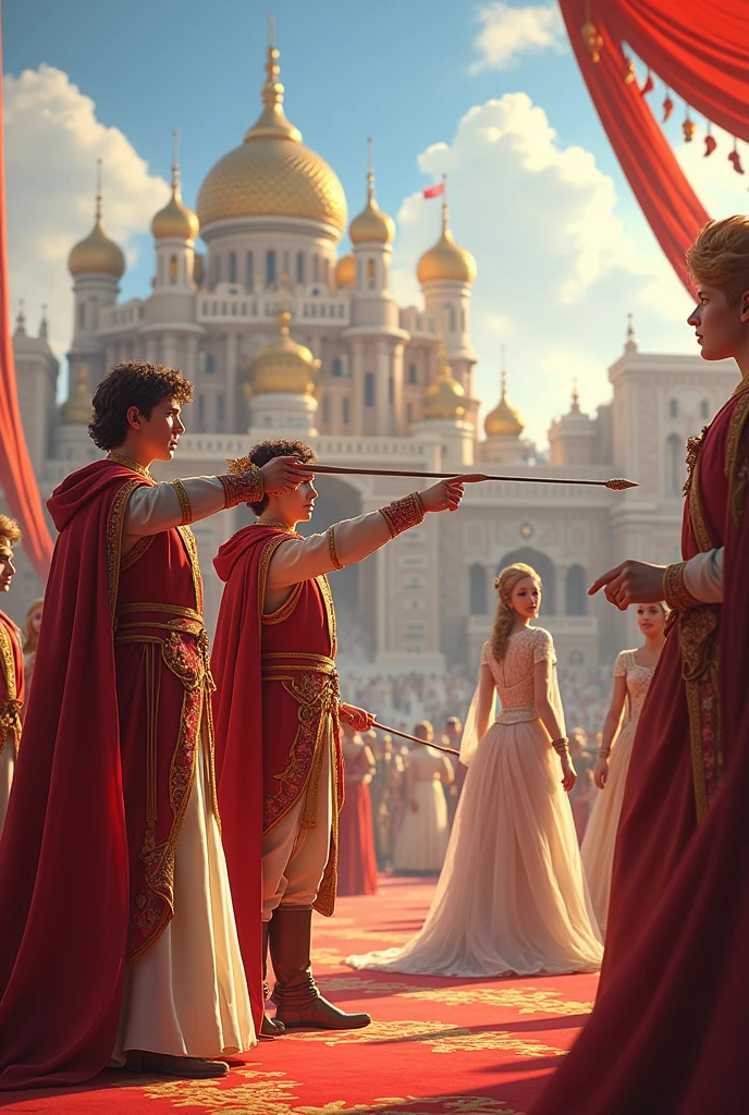 Design a realistic and majestic setting, such as an open field or a royal square, with palace architecture in the background. The setting should reflect the grandeur and ambiance of a kingdom. - Show the three princes poised to launch their arrows. The two eldest sons should be visibly pleased and confident, as they each point to directions that lead to beautiful groups of women. - Include the brides that the two eldest sons encounter. They should be elegantly dressed and attractive, standing out in sophisticated attire that reflects high society. - Center a portion of the image on the action of launching an arrow. Make sure the arrow is visible in the air, perhaps with a trace of movement to emphasize the action. - Add elements that reflect an important event, such as festive decorations, flags, and perhaps an audience watching with interest, to create an atmosphere of ceremony and anticipation. - Use soft, bright lighting to highlight the princes and brides, with bright, warm colors to give a sense of festivity and celebration. These elements help capture the essence of the event and the setting chosen by the brides.
