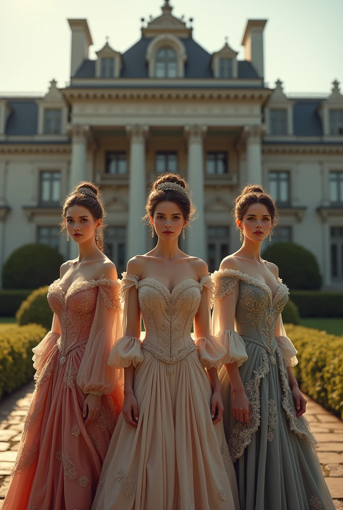 three women dressed in period clothing, in the background a mansion.