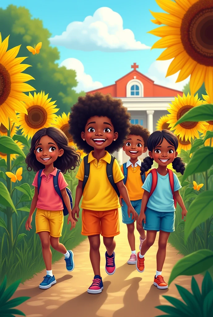 vector, Dominican children, back to school, sunflowers garden, school