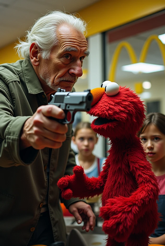 Old man holding a gun to Elmo’s head in front of his family at McDonald’s