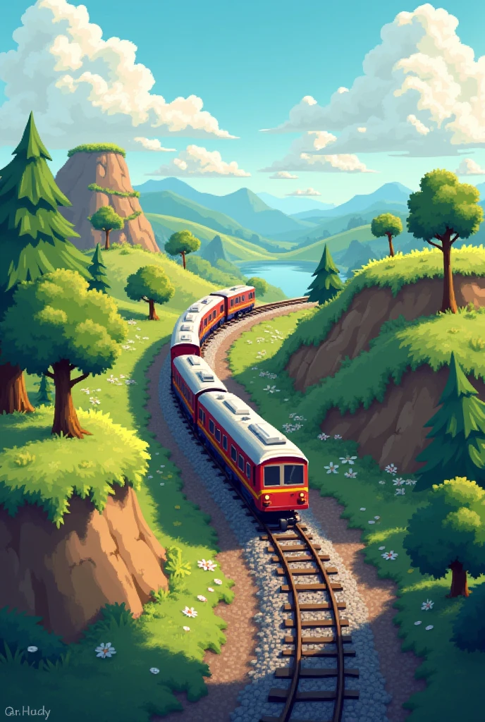 Now a 2D pixelated landscape showing the train from above to create a 2D game, the landscape must contain the train, the ways, be during the day and more than 2 cars