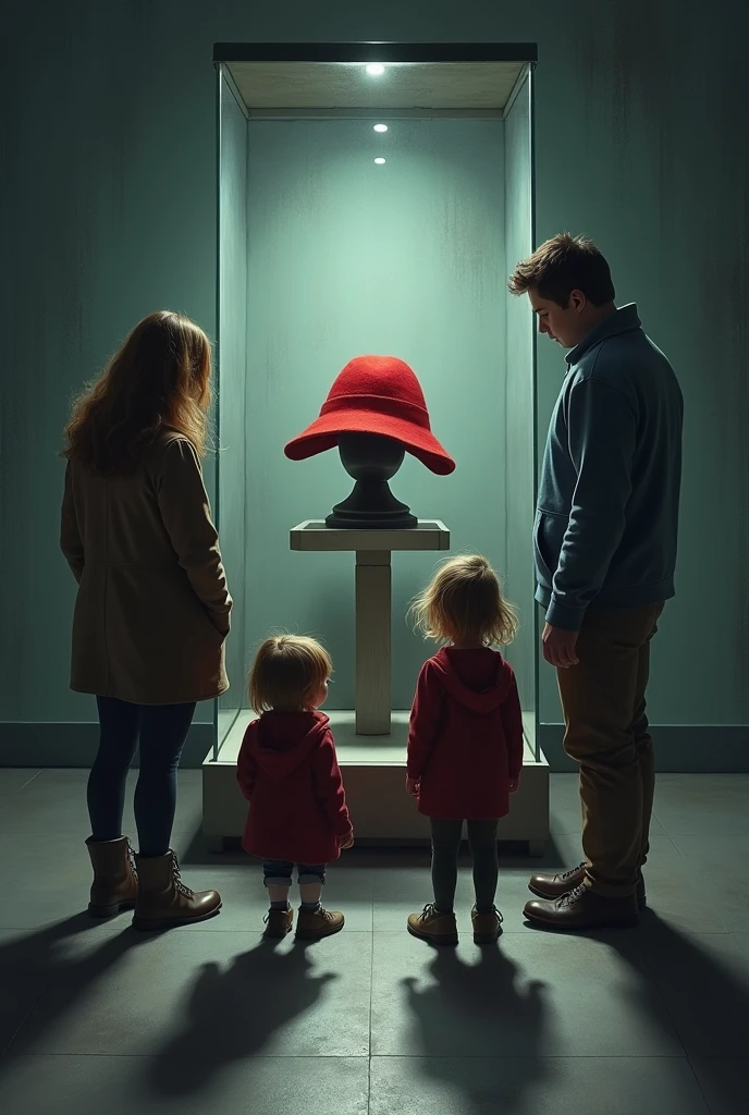 The Brown family sadly and scaredly watch Paddington with red hat stuffed in the display case of the natural museum
