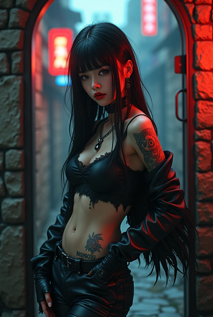 detailed and sharp face, extremely detailed and stunning images, stunning Japanese gothic biker girl, long two-tone hair with bangs (black with red highlights), (red lips), tattered and frayed crop top, front chest, small waist, tattoos, standing , leaning against a stone entrance door, rays of neon and electric light, divine rays, looking at the viewer, imposing pose, at his side a great black heron guardian of darkness, medieval gothic city street, dynamic photorealistic image hyperdetailed, high quality, retina, precise, masterpiece, super detail, high details, best quality, award winning, high resolution, HD, 4K, 8k, 16k, retina, precise, masterpiece, anatomically correct, textured skin, super detail, high quality, award winning, high resolution, 8k, 16k