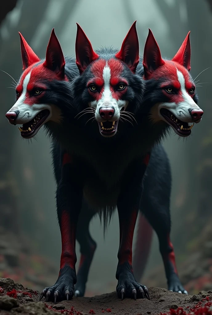 cerberus is a three headed dog on just one body, swap the white and red and make it more realistic