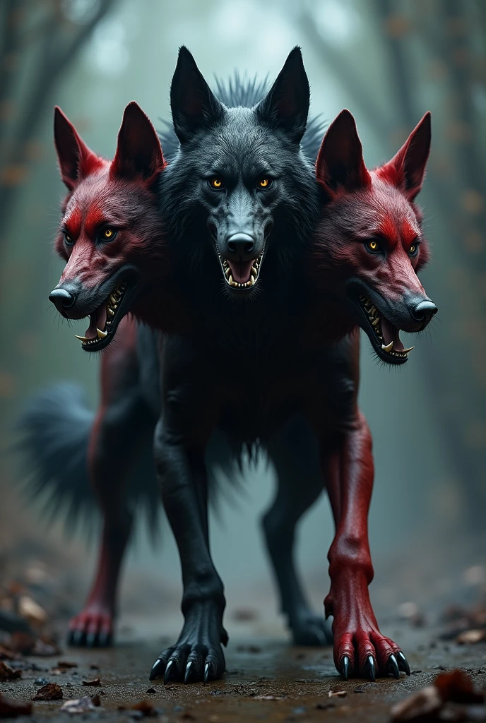 cerberus is a three headed dog on just one body, swap the white and red and make it more realistic