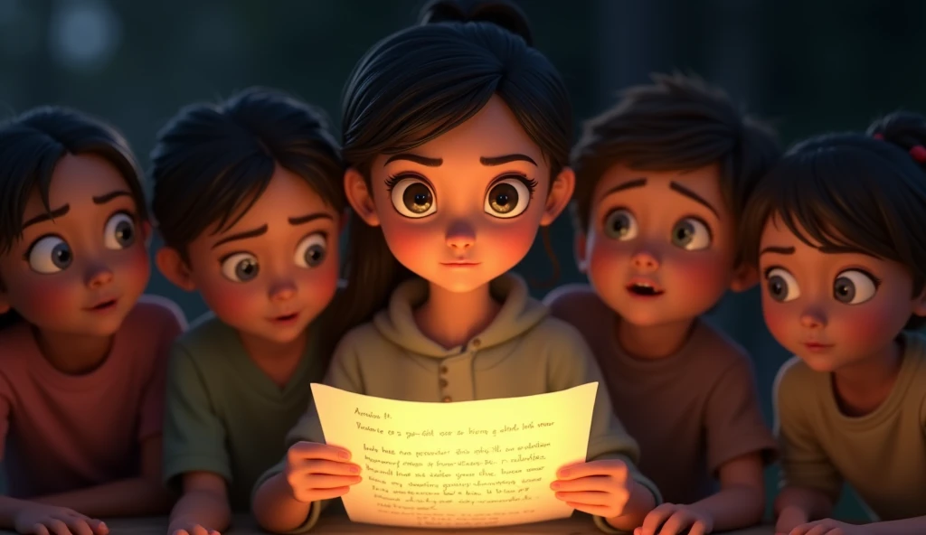 Reading the Letter
**Visual**:
- Close-up of Sunita holding and reading the letter, the camera zooming in on the text.
- The letter’s text illuminated with a soft glow.
- The other kids peering over her shoulder, their faces lit by the light of the flashlight.
- Expressions of excitement and confusion as they decipher the clues
.
 "Genrate a High quality realistic 3D animation style 



