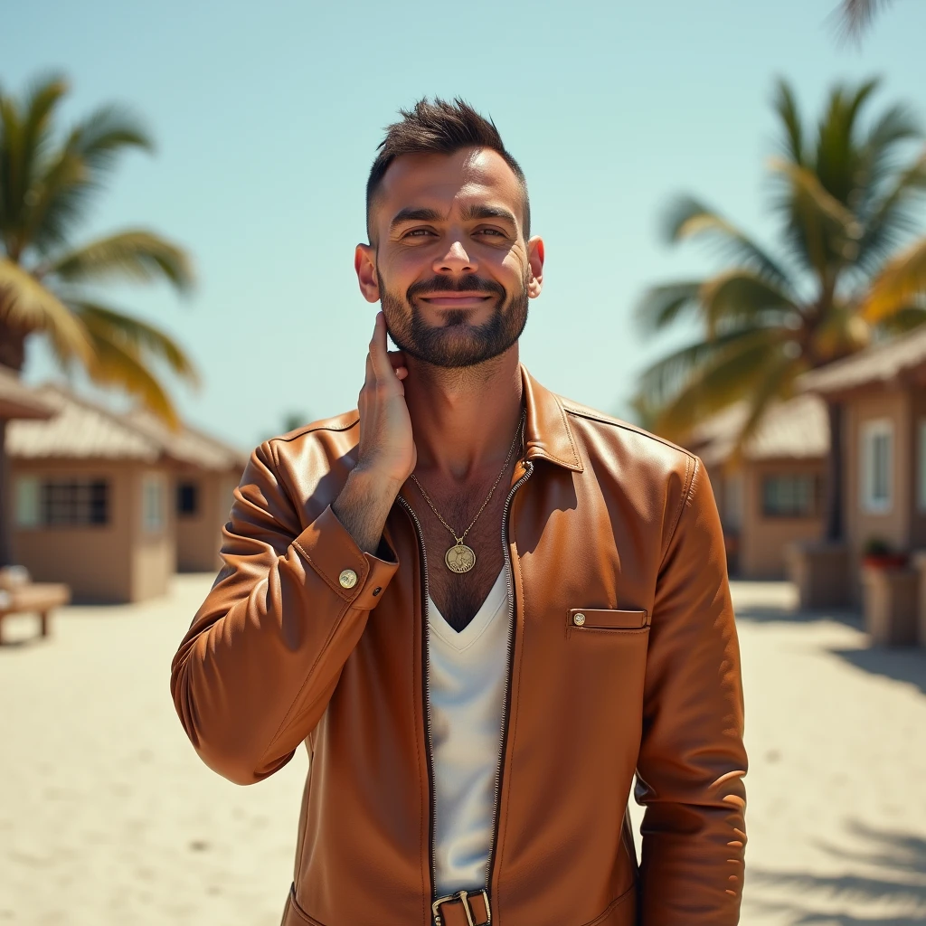 documentary photography of a man like ((barista)) with ((short french hair)) that he wears (clothes made entirely of leather), vestito with canottiera bianca, gold necklace, natural texture, palme, huts on the beach, clear sky, sandy soil, in front of the camera, light smile, touch the neck, hair clips in hair, eye level shot, subject centered, direct perspective, in a touristic city on a distant planet, soft lights,(bird's eye view:1.2),scattato with Nikon D780 with Nikkor 14-24mm f-2.8G,photo by Ilse Bing