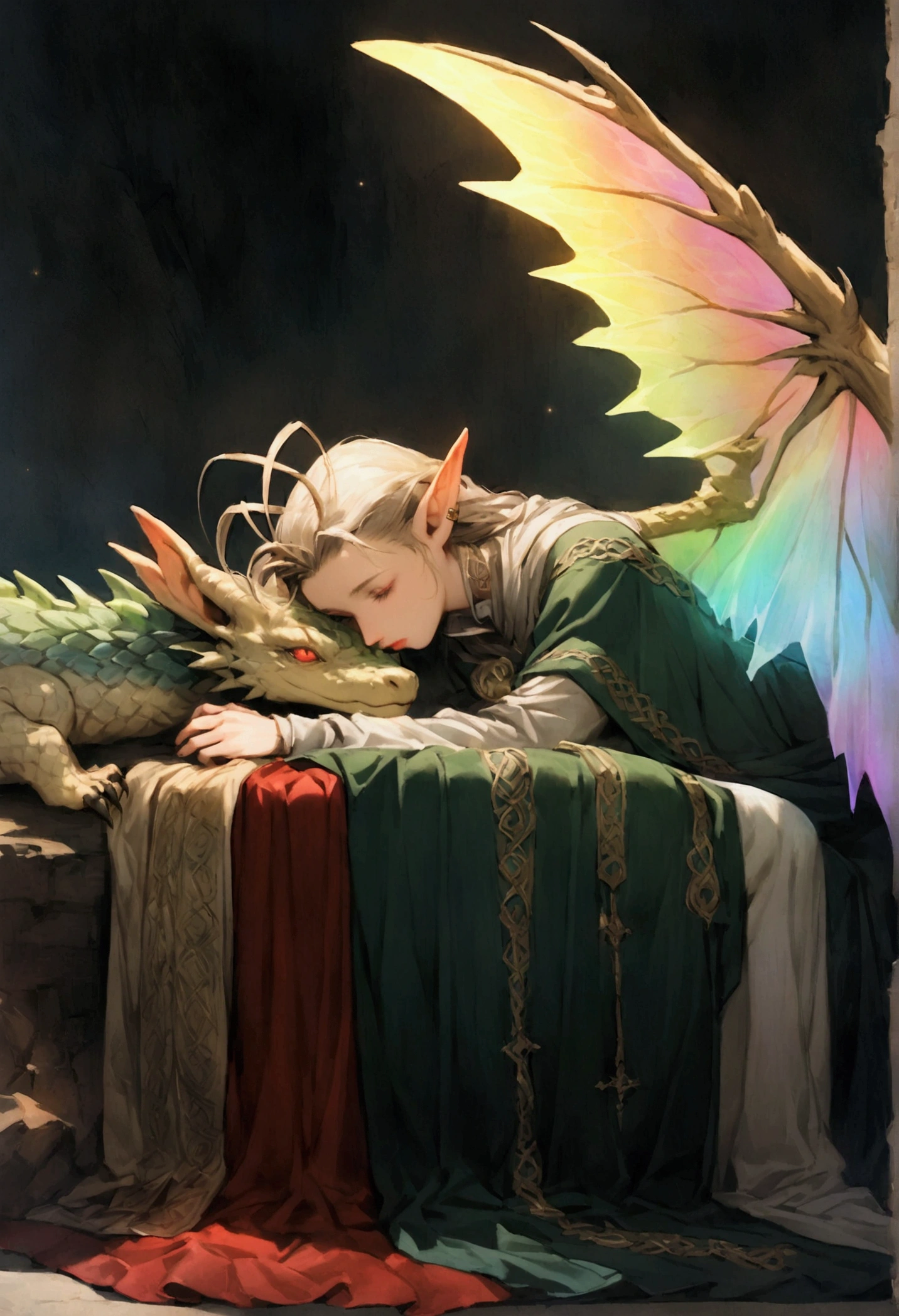 Full body, pointy eared Fairy with long Bipectinate or clubbed antenna, long glittering Multi-veined, prismatic membranous wings with iridescent properties, Celtic illumination makeup, embroidered silken leine, embroidered velvet mantle, laying next to a dragon, whispering in his ear, Brian froud