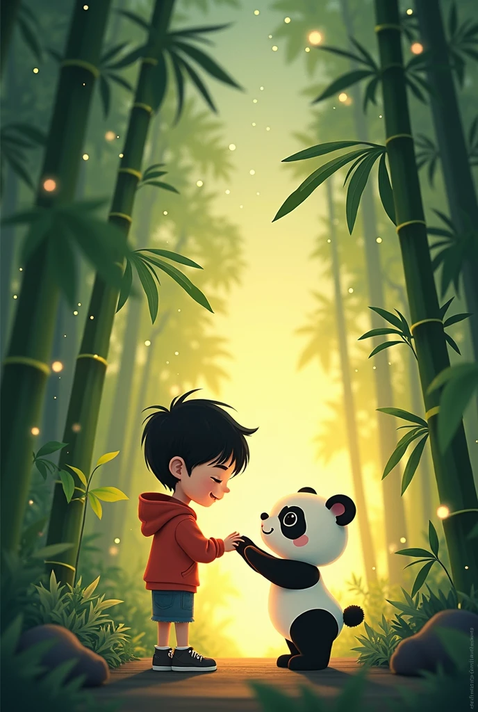 Once upon a time, there was a  named Kai who lived near a magical bamboo forest. One day, Kai stumbled upon a baby panda lost in the forest. The baby panda, whom Kai named Pandy, was adorable but scared.

Kai gently approached Pandy, offering some juicy bamboo shoots. Pandy's eyes lit up, and a friendship blossomed. They played hide-and-seek among the bamboo trees, giggling and chasing each other.

As the sun set, Kai and Pandy cuddled up, watching the stars twinkle above. From that day on, Kai and Pandy became inseparable friends, exploring the wonders of the bamboo forest together, their laughter echoing through the trees.