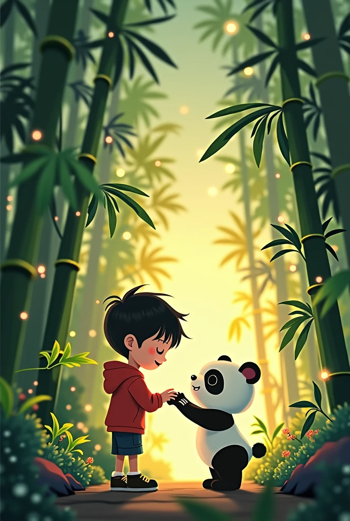 Once upon a time, there was a named Kai who lived near a magical bamboo forest. One day, Kai stumbled upon a baby panda lost in the forest. The baby panda, whom Kai named Pandy, was adorable but scared.
Kai gently approached Pandy, offering some juicy bamboo shoots. Pandy's eyes lit up, and a friendship blossomed. They played hide-and-seek among the bamboo trees, giggling and chasing each other.
As the sun set, Kai and Pandy cuddled up, watching the stars twinkle above. From that day on, Kai and Pandy became inseparable friends, exploring the wonders of the bamboo forest together, their laughter echoing through the trees.
