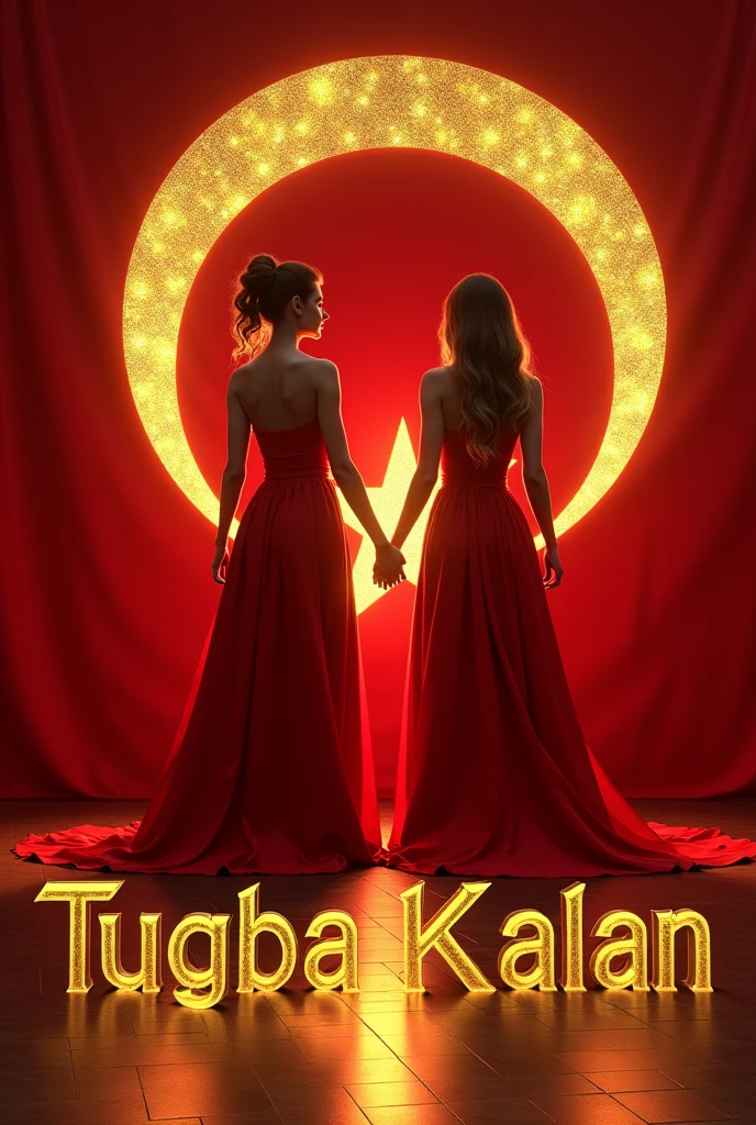 "Tugba Kalan" is written in golden yellow and its shadow is reflected on the ground behind it. Let's be a 2 woman wearing a red dress. There is a large Turkish flag in the background.