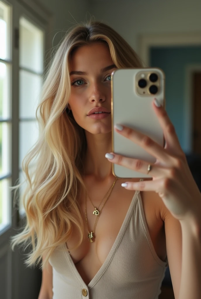 20 year old blonde blue eyed girl resembling Serena Van Der Woodsen from gossip girl, with a good body and a butterfly tattoo on the chest. with a chain that has an A. Taking a selfie with an iPhone 15 in front of a mirror
