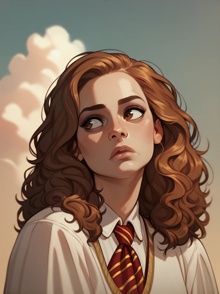 score_9, score_8_up,score_7_up, score_6_up, score_5_up, score_4_up, woman, best quality, highres, portrait, solo, beautiful, long red hair, brown eyes, makeup, lips, hermione granger, looking to the sky, dreaming, eyes clothed