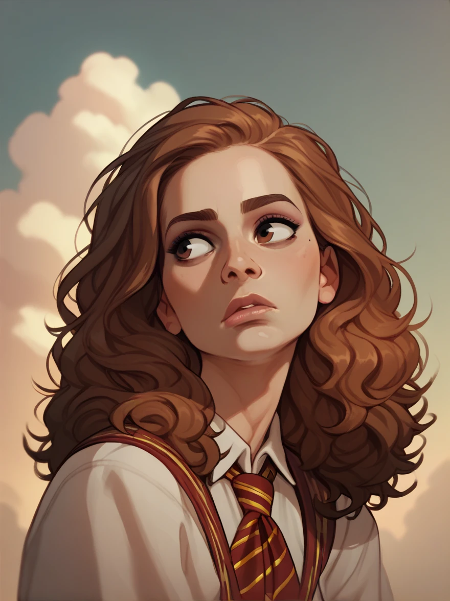 score_9, score_8_up,score_7_up, score_6_up, score_5_up, score_4_up, woman, best quality, highres, portrait, solo, beautiful, long red hair, brown eyes, makeup, lips, hermione granger, looking to the sky, dreaming, eyes clothed