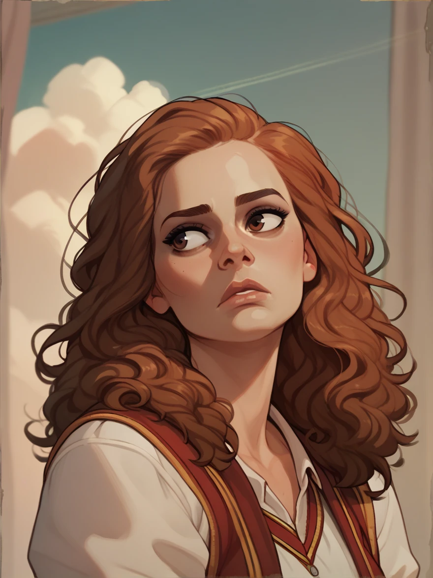 score_9, score_8_up,score_7_up, score_6_up, score_5_up, score_4_up, woman, best quality, highres, portrait, solo, beautiful, long red hair, brown eyes, makeup, lips, hermione granger, looking to the sky, dreaming, eyes clothed