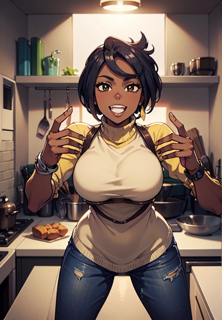 masterpiece, best quality,  pkmnOlivia, dark skin, large breasts, yellow sweater, jeans, looking at viewer, kitchen, smile, brown eyes