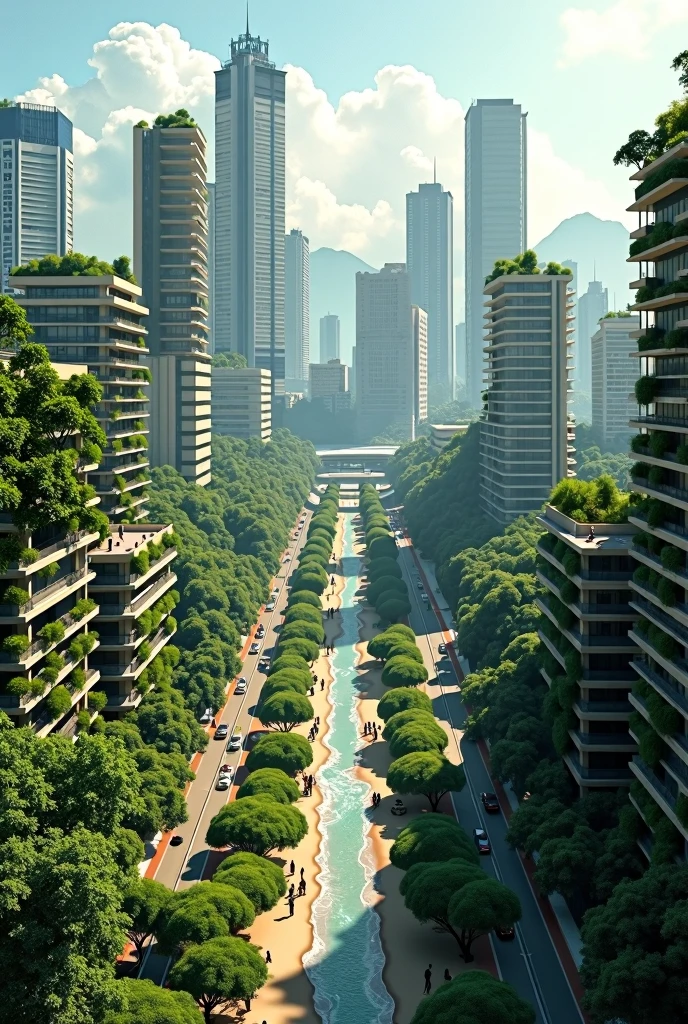 a tecnological brasilian city, with a lot of vegetation, where everyone cares about sustainability, permeable building facade, using the ideology from the book "city of tomorrow", the buildings should have a modernist parede of 1950 until 1950 style, full of green areas, with polution, with poverty, on a sunny day, where every citizan use the public transportation, realistic image as a bird perspective, tiny buildings and with a beach 


