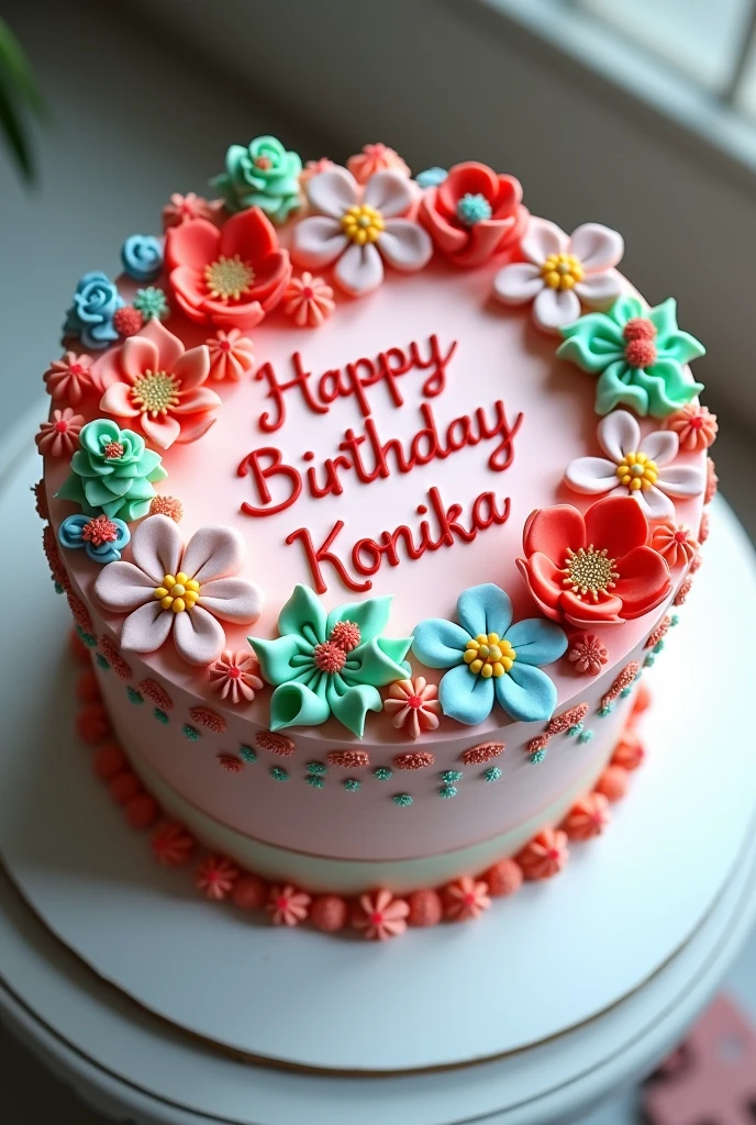 Elegant colourful cake wtite Happy Birthday KONIKA on it