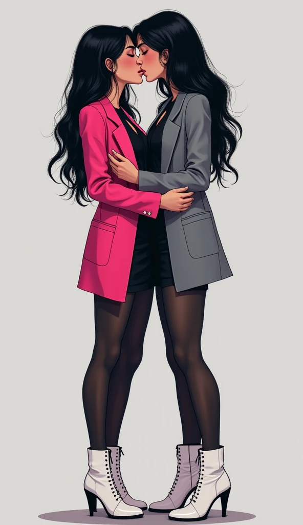 Two young womens long black hair, yuri, same height.

The first young women wear a hot pink suit jacket, The second young women wore a grey suit jacket, they are wearing the black shirts, black pencil skirts, black underpants, long black tights, black socks, white leather boots sneakers.
french kiss, lesbian kiss, huggings, sensual bodies, closed eyes, used one hand lift up the black pencel skirt, light grey background, cartoon novel, 4K, HD