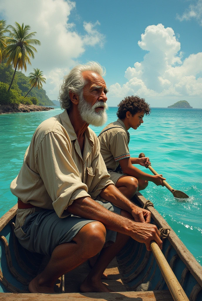 An elderly man and his apprentice in a landscape that looks like Caribbean waters, that has a title called The Old Man and the Sea