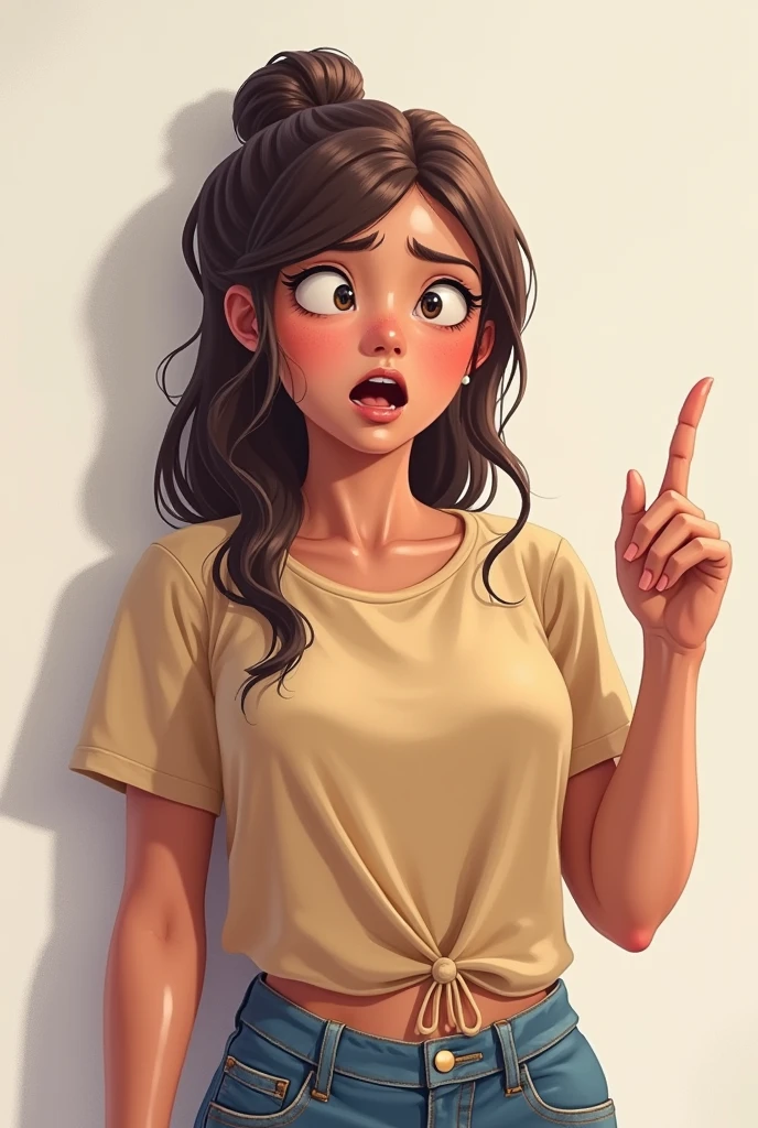 A 23 old girl image who is pointing her finger in the right side with shocked face