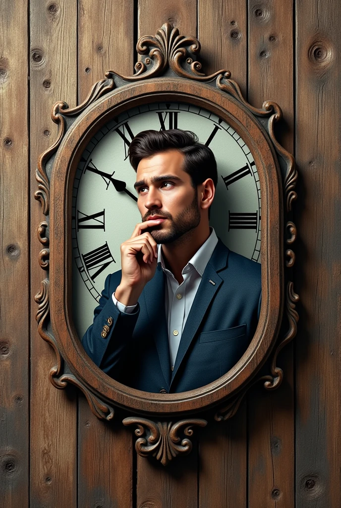 (photorealism:1.2), logotype, E & M Support LLC, we are doing management and enterprising support, logo on wood, the man thinking and the clock on the background 