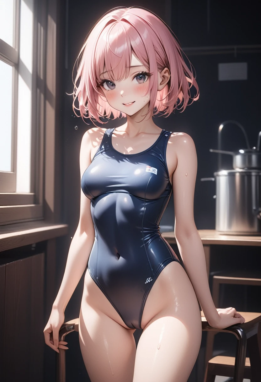 ((School Swimsuit)), ((skindentation)), skinny, alone, solo, 1 woman, Masterpiece, highest quality, highest quality, 16K, incredibly absurd, highly detailed, 2.5D, ai-generated, delicate and dynamic, very delicate facial expressions, delicate eye depiction, erotic, only sexy woman, ((A cute and kind face)), healthy figure, ((1 woman)), 160cm tall, ((medium firm swaying bust)), medium breasts, (short hair), Straight Hair, (pink hair:1.5), bob cut, black eye, blush, Sweat,Embarrassed,sexy, ((thin thighs)), (camel toe:0.4), (visible nipples:0.8), (Erect nipples,:0.9), shiny and lustrous, facing straight at viewer, smile, ((Oily_skin)), dark skin, ((standing)), ((arm at side)),