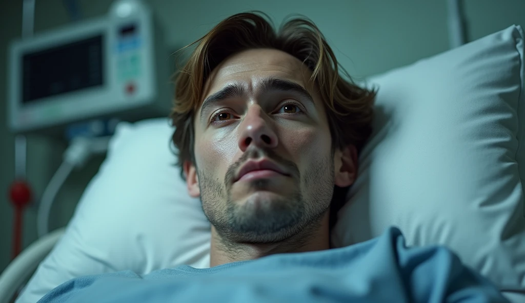 Ultra-realistic portrait of Gabriel, a man in his 30s with a pale, thin face, lying in a hospital bed. He has light brown hair and brown eyes that reflect vulnerability. His expression is one of tiredness and urgency. The portrait should be from the waist up.
Gabriel is in a hospital bed, surrounded by medical machines and vital signs monitors. The background should be a hospital environment, with neutral walls and medical equipment visible but out of focus, so as not to distract from the main subject.
The lighting should be soft and diffuse, with a cold light coming from above, creating subtle shadows that accentuate Gabriel's fragility. The light should highlight the pallor of his skin and the expression in his eyes.
The image should convey a sense of fragility and urgency, with a palette of cool colors, such as blues and grays, that complements the serious atmosphere of the hospital environment.
The photo must be of high quality, with 8k rendering and extreme detail, capturing the emotional essence of the moment.
