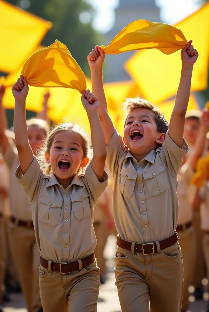 Create two paithfander children with their yellow Seventh-day Adventist Church handkerchief celebrating 