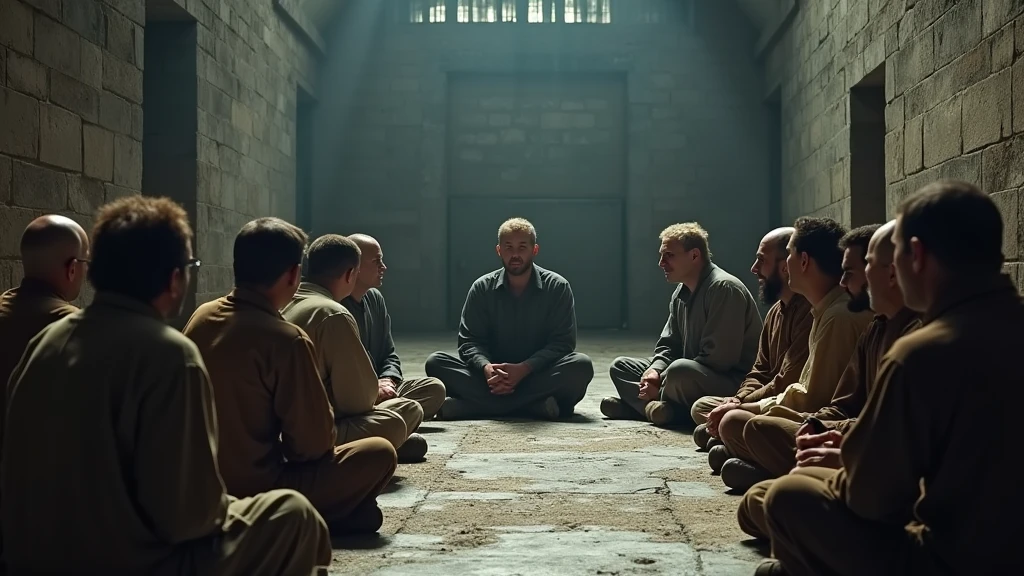 gathered around a charismatic figure (l'imam of Prison) who is speaking to them. They sit on the cold stone floor of the prison, listening intently, their expressions reflecting hope and resilience. The scene conveys a sense of solidarity and inner strength, despite the harsh surroundings.