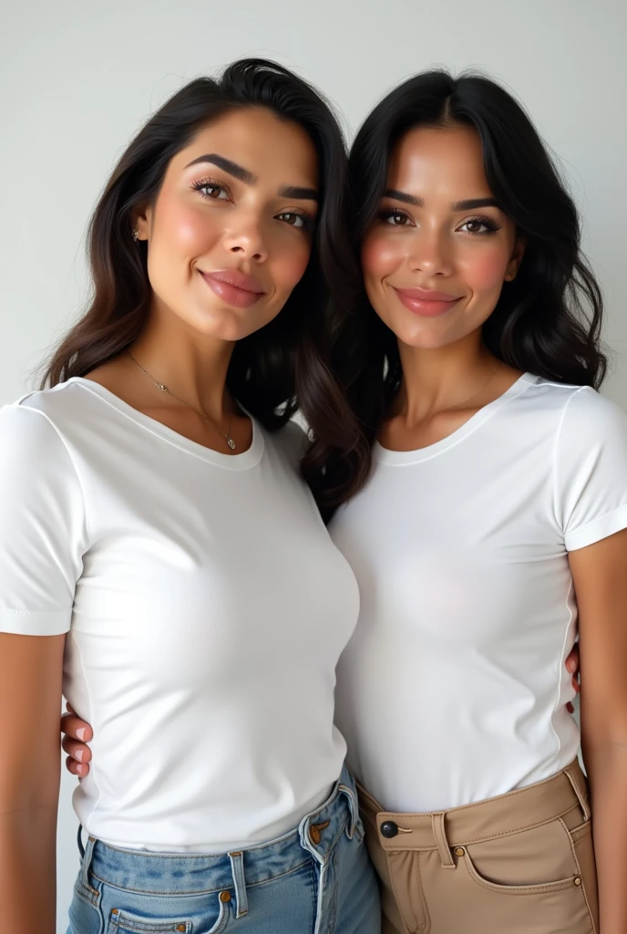 2 Latina woman with big lips, big breasts in a white t-shirt with very realistic facial features and you shouldn't see that it is a sitting AI and less makeup with some patterns to be more realistic. happy attractive smile. white studio background.
