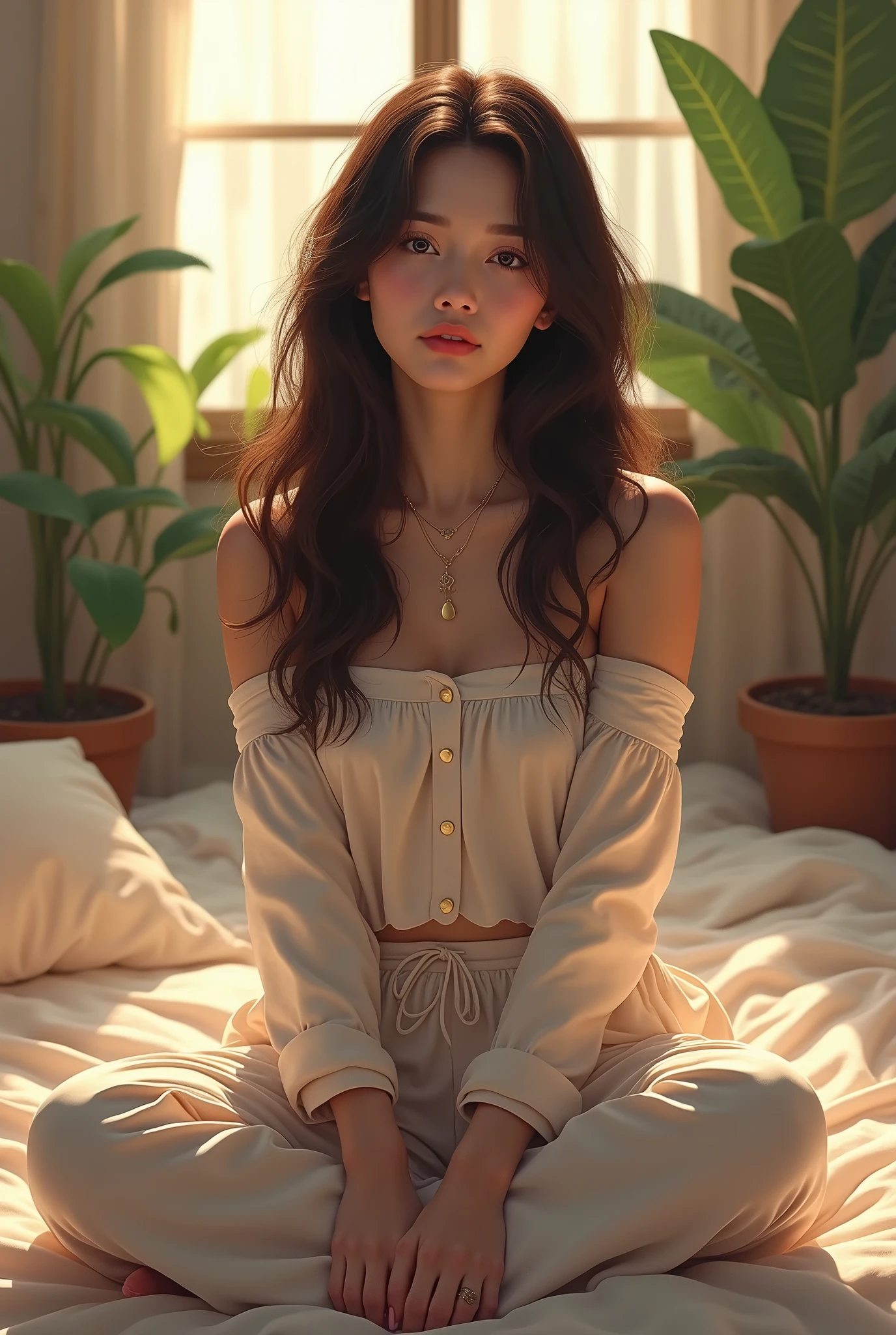 (photorealism:1.2), portrait of lisa blackpink, beautiful woman, korean young girl, sitting on bed, wearing loose off-shoulder top, pajama pants, long curly hair, indoors, soft lighting, plants in background, window with sunlight, cozy room, relaxed pose, realistic, intricate details, warm colors, by Greg Rutkowski, by Alphonse Mucha