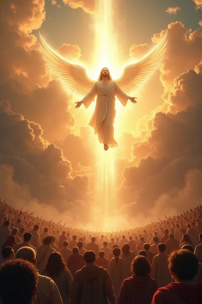 "Create a realistic image of Jesus' return, showing Jesus descending from heaven on bright clouds with radiant light and angels surrounding him. Include trumpet sound in the background. Show the Earth below with a crowd of people reacting in a variety of ways: some scared and some happy, all watching the event. Portray the righteous being resurrected and the living being transformed, meeting with Jesus in the clouds in a setting of great celebration and reverence."