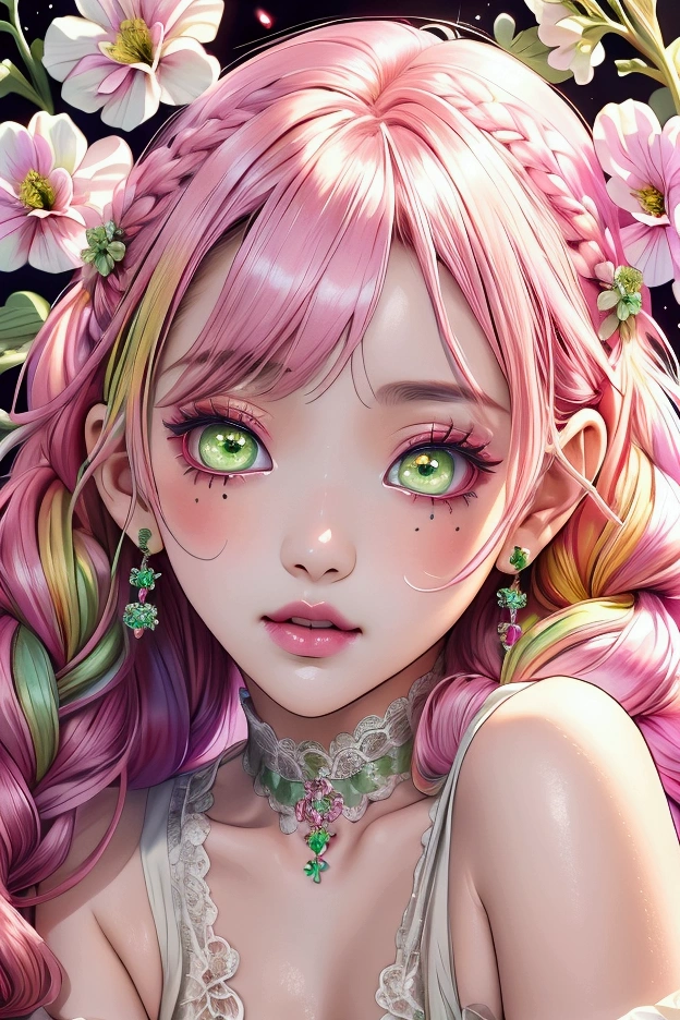 Convert your flower art into illustration.、Create backgrounds with vibrant colors and unique touches The type of flower is statice、Gypsophila、sweet pea、Mix in some lace flowers, big breasts, cleavage, pink hair, green eyes, (green highlights), green braids, standing, contrapposto, sexy pose, thick thighs, thigh highs, lingerie, arms resting behind, ulzzang, big green sparkling eyes like gemstones,