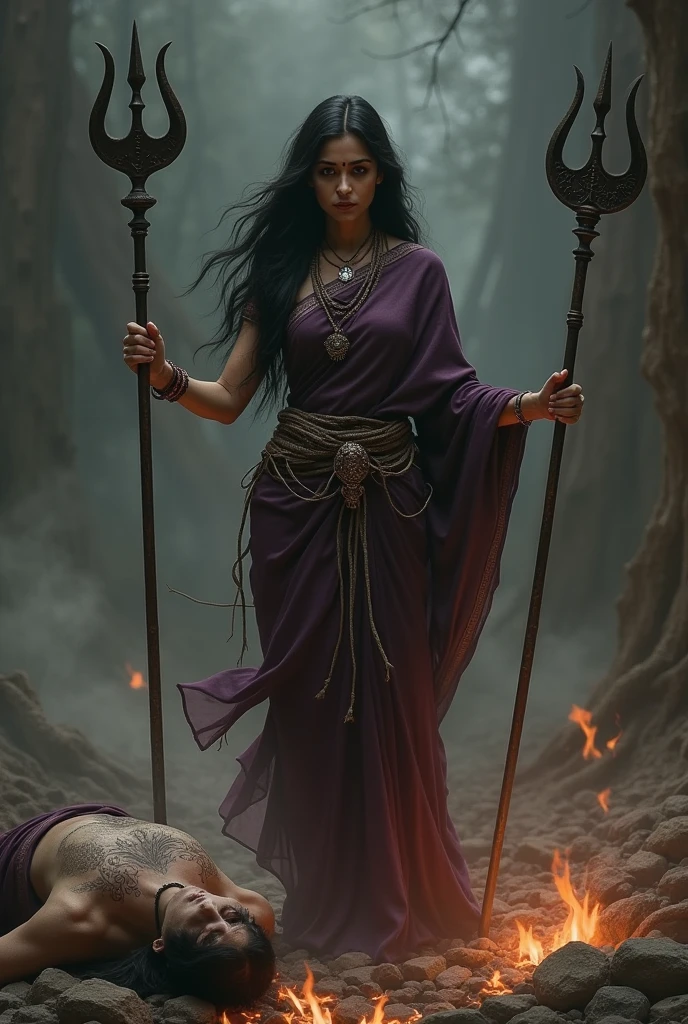 Tantric worshiping woman saree and blawose in black in cremation with huge long black hair trishul in hand and dead body on side