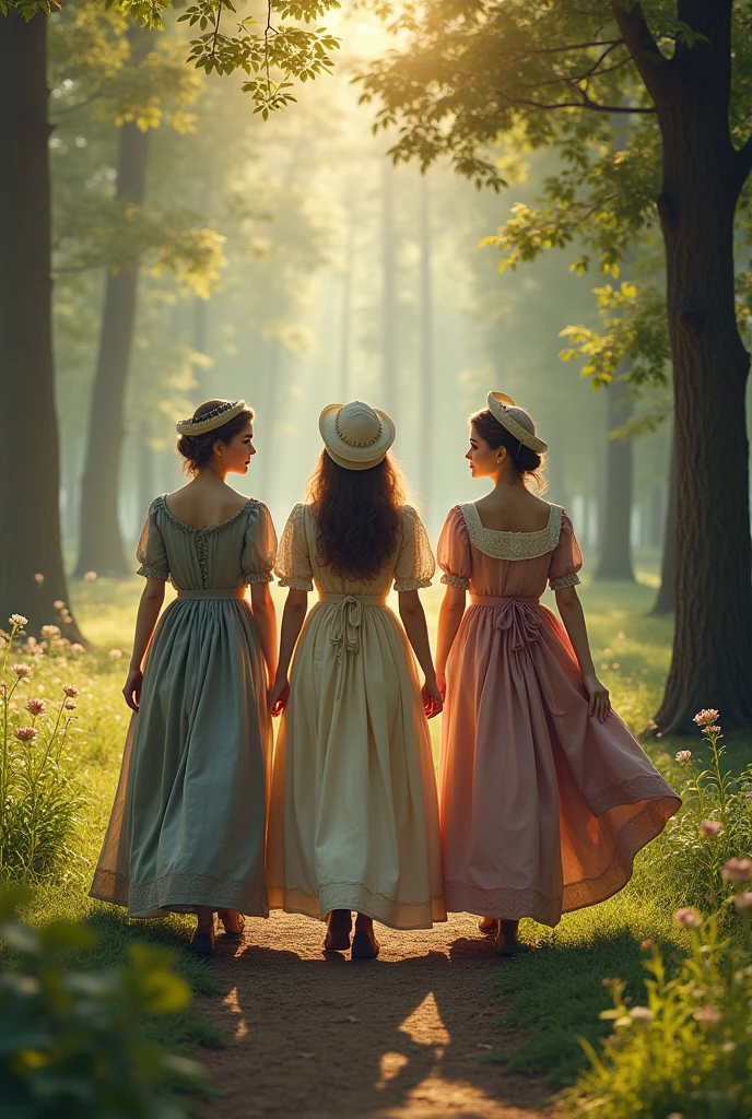 three women dressed in period clothing, in the forest background, late afternoon. 