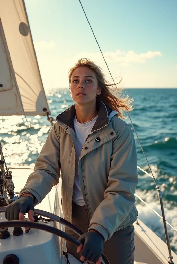 A real women aged 25 in the middle of ocean enjoying sailing boat