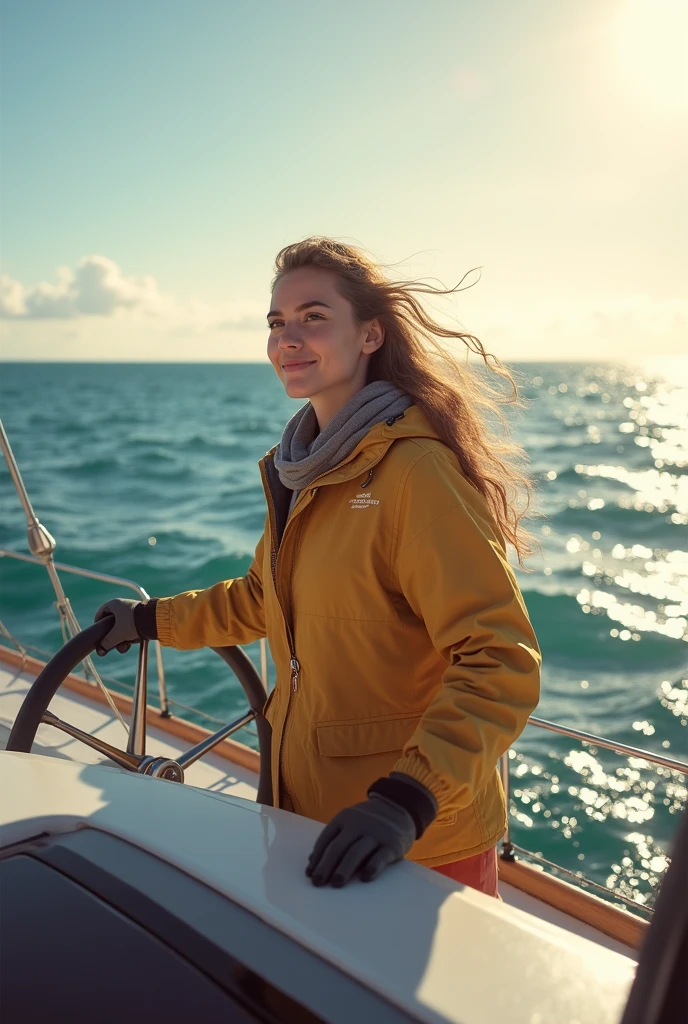 A real women aged 25 in the middle of ocean enjoying sailing  boat 