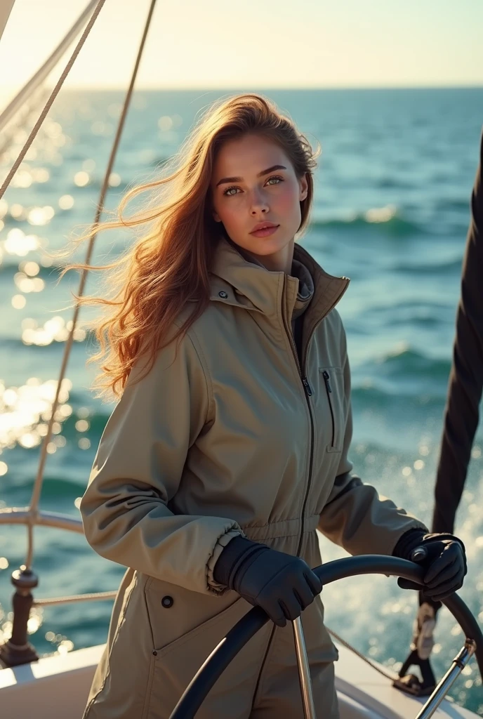 A real women aged 25 in the middle of ocean enjoying sailing  boat 