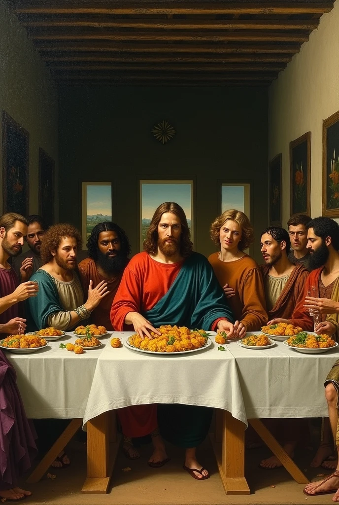 Da Vinci&#39;s painting of The Last Supper with its protagonists eating Puerto Rican mofongo
