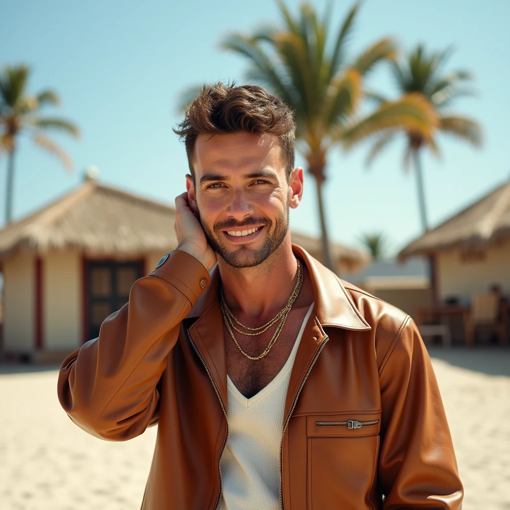 documentary photography of a man like ((barista)) with ((short french hair)) that he wears (clothes made entirely of leather), vestito with canottiera bianca, gold necklace, natural texture, palme, huts on the beach, clear sky, sandy soil, in front of the camera, light smile, touch the neck, hair clips in hair, eye level shot, subject centered, direct perspective, in a touristic city on a distant planet, soft lights,(bird's eye view:1.2),scattato with Nikon D780 with Nikkor 14-24mm f-2.8G,photo by Ilse Bing