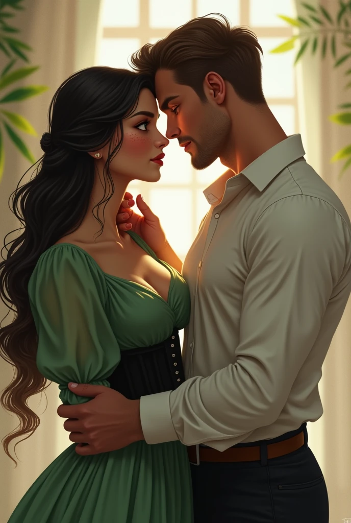 Create an image of a tanned woman without makeup with long hair,smooth and very black ,brown eyes,freckles only on the cheeks and nose and a medium sized mouth. She must be wearing a long green dress with puffed sleeves and a black corset and a man with white skin and a strong body covered by a white long-sleeved shirt.,marked jaw, he is very tall and has light brown hair,It does not contain a beard and must be holding the woman&#39;s chin 