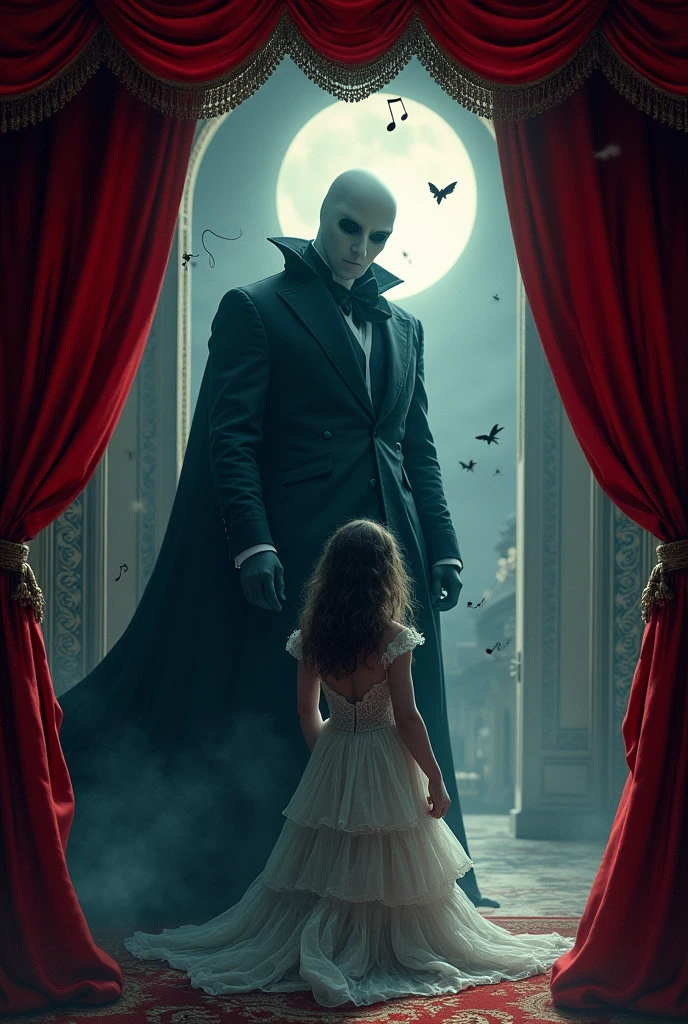 A cover of the book “the phantom of the opera” that has a border related to a red theater curtain and in the background the architecture of the place is shown, include musical notes and in the foreground the ghost is shown manipulating the girl