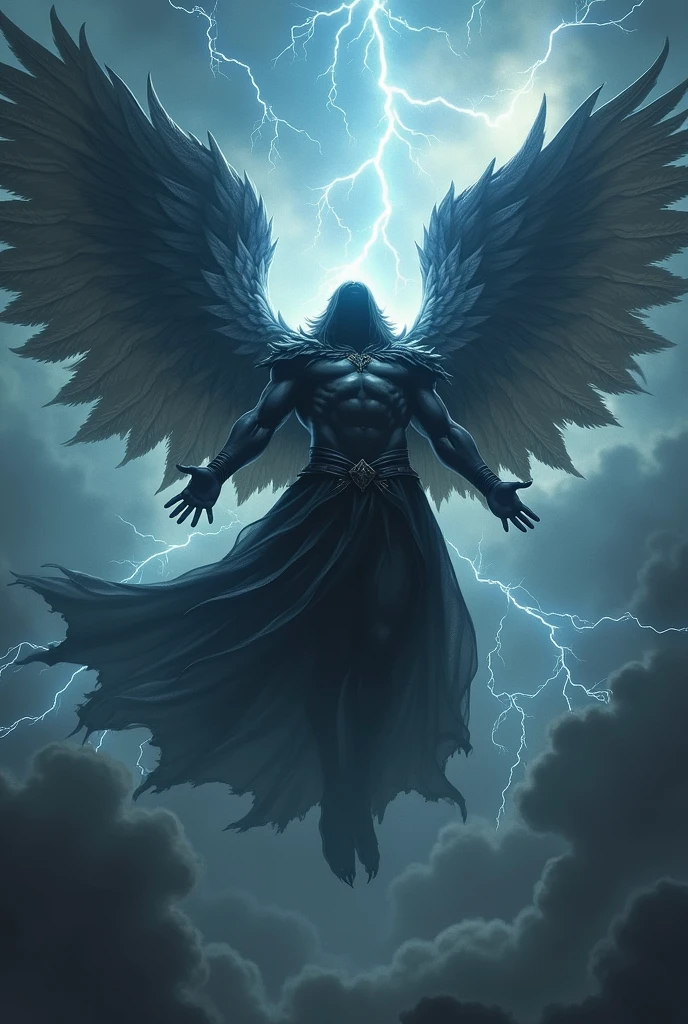 Dark male faceless war angel with lightning wings descending from the sky wallpaper