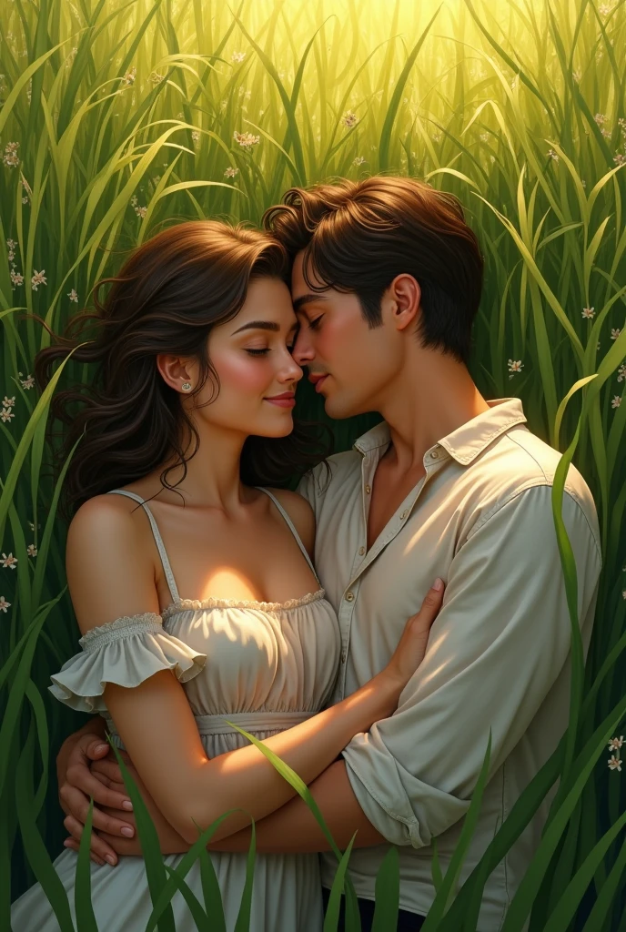 A couple lying on the floor, between tall grass.