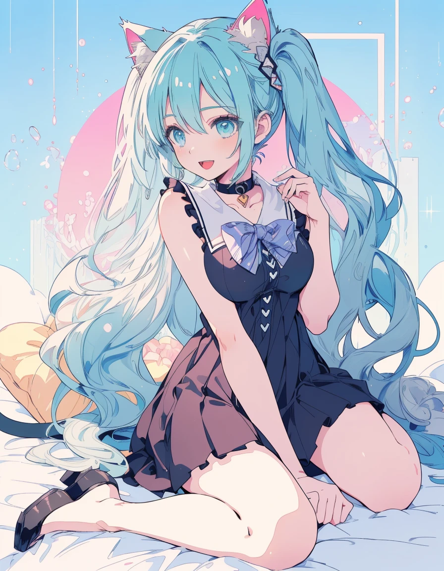 miku hatsune, heart sign, smile, open mouth, full body, looking away, open mouth, easy, ((masterpiece, best quality:1.5)), ((Beautiful detailed cat aqua eyes:1.2)), cat ears, pale skin, medium breasts, beautiful hands, beautiful fingers, EasyNegative
