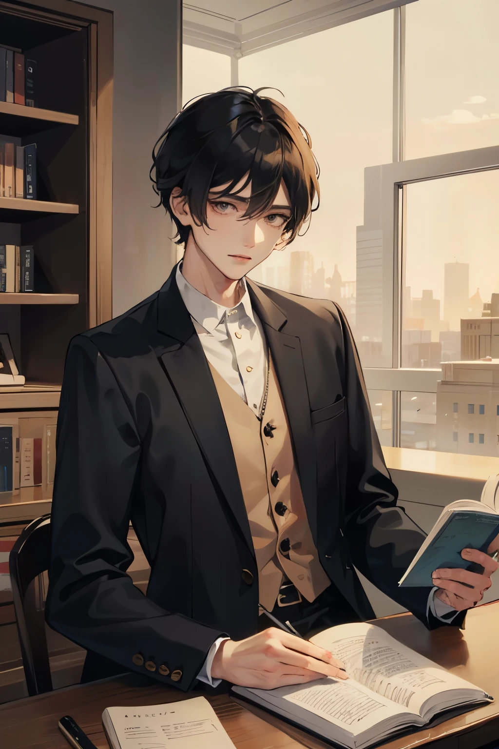 Night,City,Black-haired young man alone,Holding a book,shadow